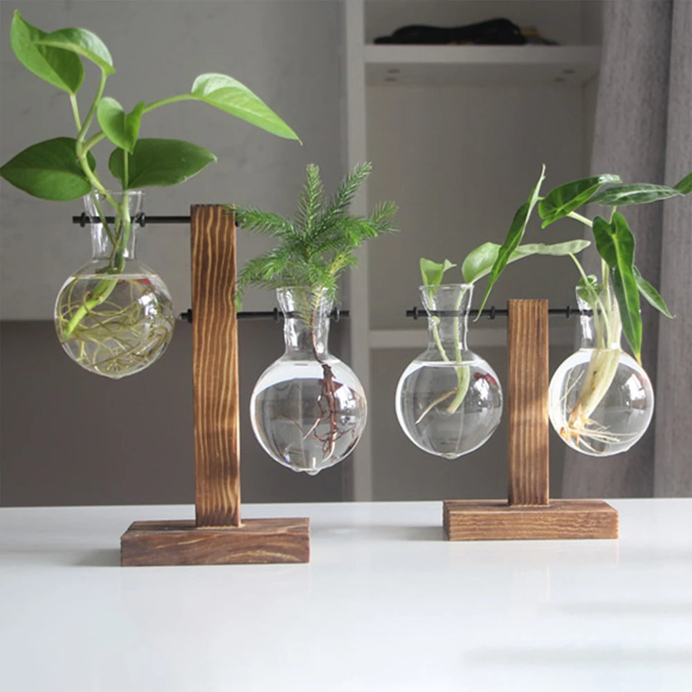 Glass Bulb Vase with Wooden Stand - image 1