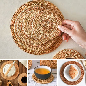 Natural Rattan Cup Mat: Hand Woven Insulation Placemats | Kitchen Decor