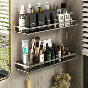 Gun Grey Aluminum Shelf: Multi-Purpose Bathroom and Kitchen Storage Rack with Towel Bar, Shelves, Hook, and Shampoo Holder