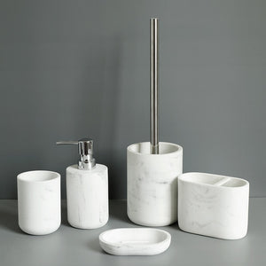 Bathroom Accessory Set: Soap Dispenser, Tumbler, Toothbrush Holder, Soap Dish, Toilet Brush | Imitation Marble