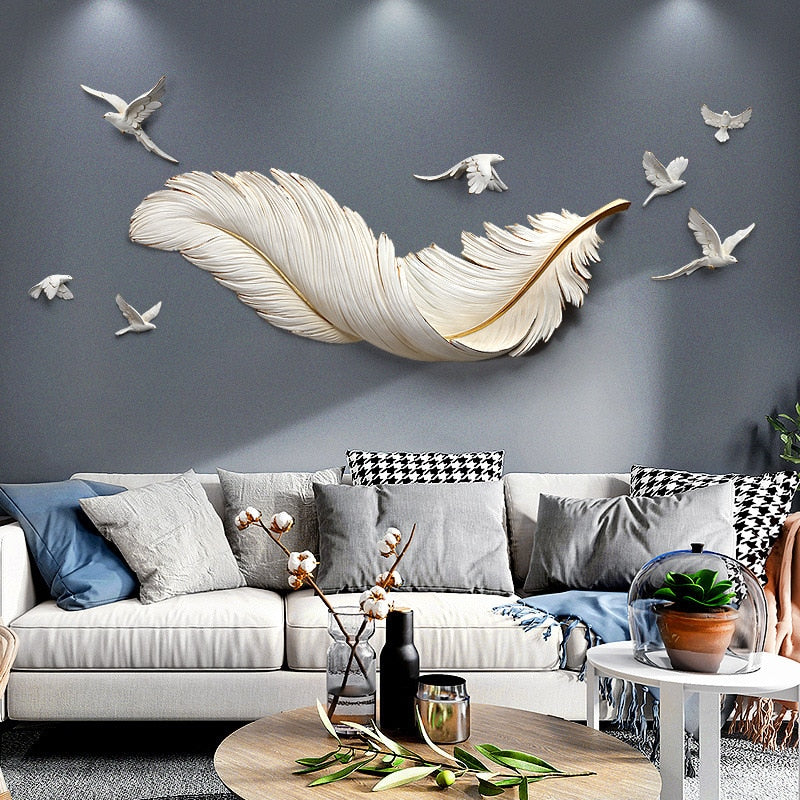 Modern minimalist living room sofa background wall decoration porch light luxury feather wall hanging