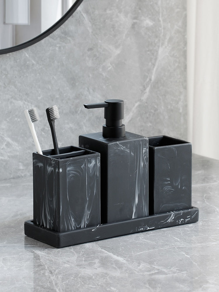 Bathroom Accessories Set: Marble Pattern | Soap Dispenser, Toothbrush Holder, Tumbler | Resin Material