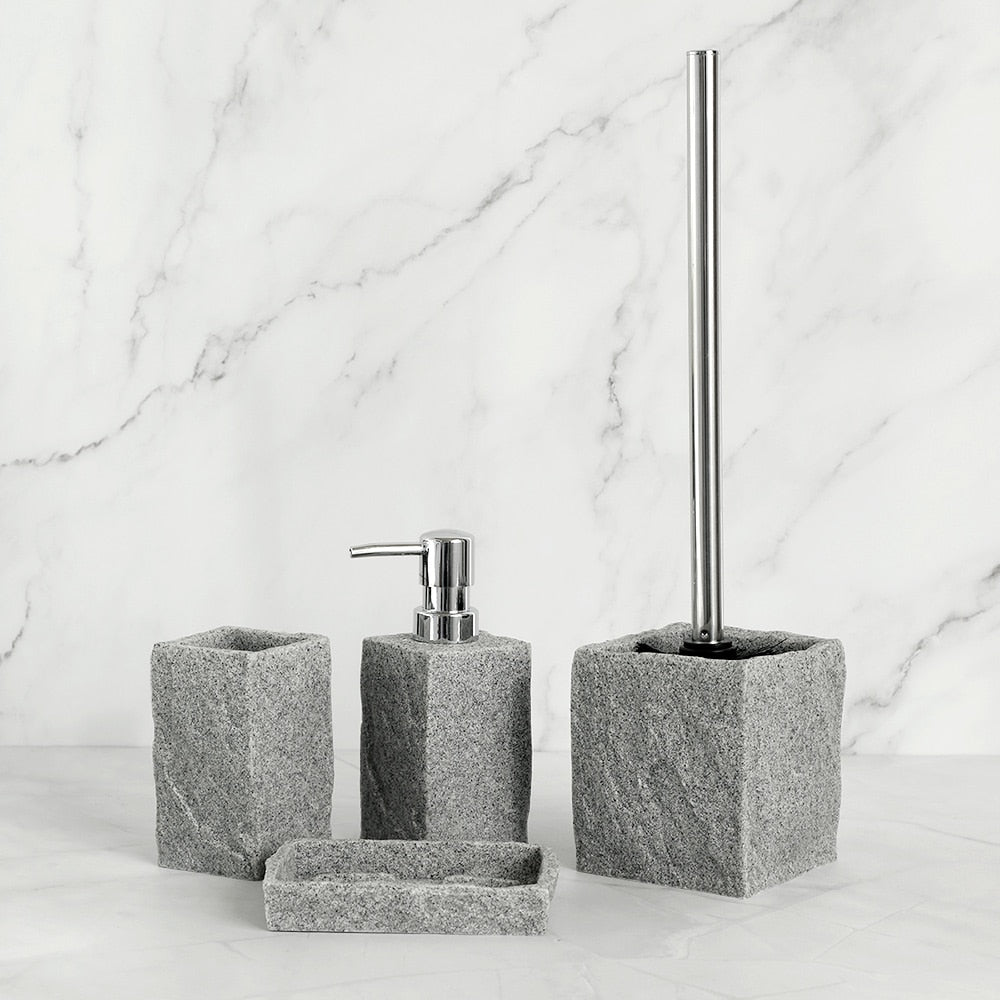 Bathroom Accessories Set: Imitation Granite | Soap Dispenser, Toothbrush Holder, Cup, Soap Dish, Toilet Brush Holder